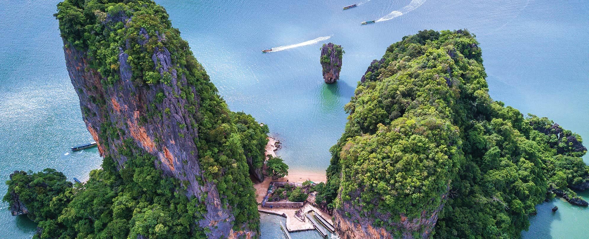 Panoramic view of two large sea stacks 